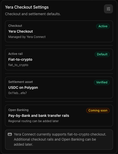 Yera checkout settings