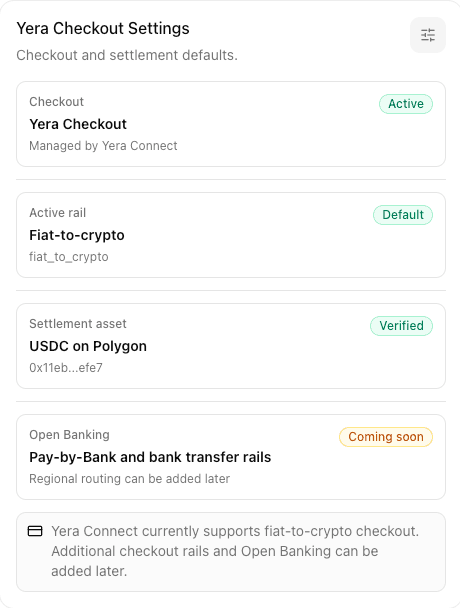Yera checkout settings